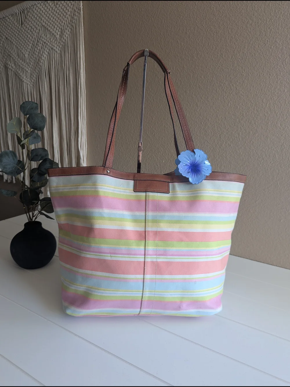 vintage Coach Hampton Pastel Striped Canvas Tote Bag